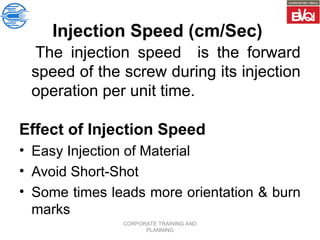 CORPORATE TRAINING AND
PLANNING
Injection Speed (cm/Sec)
The injection speed is the forward
speed of the screw during its injection
operation per unit time.
Effect of Injection Speed
• Easy Injection of Material
• Avoid Short-Shot
• Some times leads more orientation & burn
marks
 