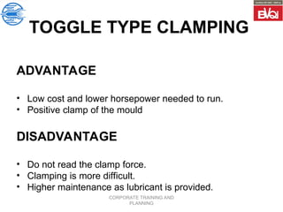 CORPORATE TRAINING AND
PLANNING
ADVANTAGE
• Low cost and lower horsepower needed to run.
• Positive clamp of the mould
DISADVANTAGE
• Do not read the clamp force.
• Clamping is more difficult.
• Higher maintenance as lubricant is provided.
TOGGLE TYPE CLAMPING
 