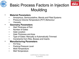 CORPORATE TRAINING AND
PLANNING
Basic Process Factors in Injection
Moulding
• Material Parameters
– Amorphous, Semicrystalline, Blends and Filled Systems
– Pressure-Volume-Temperature (PVT) Behaviour
– Viscosity
• Geometry Parameters
– Wall Thickness of Part
– Number of Gates
– Gate Location
– Gate Thickness and Area
– Type of Gates: Manually or Automatically Trimmed
– Constraints from Ribs, Bosses and Inserts
• Manufacturing Parameters
– Fill Time
– Packing Pressure Level
– Mold Temperature
– Melt Temperature
 
