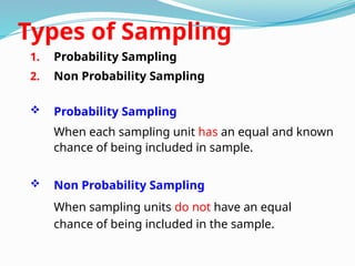 Types of Sampling
1. Probability Sampling
2. Non Probability Sampling
 Probability Sampling
When each sampling unit has an equal and known
chance of being included in sample.
 Non Probability Sampling
When sampling units do not have an equal
chance of being included in the sample.
 