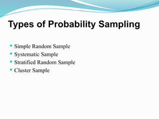Types of Probability Sampling
 Simple Random Sample
 Systematic Sample
 Stratified Random Sample
 Cluster Sample
 