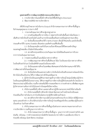 21 
แผนปฏิบัติการประจาปี ปีการศึกษา 2557 โรงเรียนสมเด็จพิทยาคม 
ยุทธศาสตร์ที่ 8 การพัฒนาประสิทธิภาพระบบบริหารจัดการ 
1. การบริหารจัดการในเขตพื้นที่การศึกษาโดยใช้พื้นที่เป็นฐาน (Area-base) 
2. พัฒนาประสิทธิภาพการบริหารจัดการ 
เพื่อให้บรรลุเป้าหมายการดาเนินงาน (Output) สานักงานคณะกรรมการการศึกษาขั้นพื้นฐาน จึงกาหนดจุดมุ่งหมาย 4 ประการ ดังนี้ 1. การยกระดับคุณภาพการศึกษาสู่มาตรฐานสากล 1.1 ยกระดับผลสัมฤทธิ์ทางการเรียน 5 กลุ่มสาระวิชาหลักเพิ่มขึ้นอย่างน้อยร้อยละ 3 เพิ่มศักยภาพนักเรียนด้านเทคโนโลยี และด้านภาษาอังกฤษเพื่อเตรียมความพร้อมสู่ประชาคมอาเซียน 
1.2 นักเรียนชั้นประถมศึกษาปีที่ 3 ทุกคน อ่านออก เขียนได้ คิดเลขเป็น และนักเรียนชั้น ประถมศึกษาปีที่ 6 ทุกคน อ่านคล่อง เขียนคล่อง และคิดคานวณที่ซับซ้อนขึ้น 1.3 นักเรียนทุกคนมีความสานึกในความเป็นชาติไทยและวิถีชีวิตตามหลักปรัชญา ของเศรษฐกิจพอเพียง เป็นมิตรกับสิ่งแวดล้อม 1.4 สถานศึกษาทุกแห่งมีระบบประกันคุณภาพภายในที่เข้มแข็งและผ่านการรับรอง จากการประเมินคุณภาพภายนอก 2. การลดความเหลื่อมล้าและเพิ่มโอกาสทางการศึกษา 2.1 การพัฒนาคุณภาพการศึกษาในพื้นที่ชนบท ได้แก่ โรงเรียนขยายโอกาสทางการศึกษา โรงเรียนดีประจาอาเภอ โรงเรียนดีศรีตาบลและโรงเรียนขนาดเล็ก 2.2 นักเรียนและสถานศึกษาในเขตพัฒนาพิเศษเฉพาะกิจจังหวัดชายแดนภาคใต้ ได้รับ การพัฒนาอย่างทั่วถึงและมีคุณภาพ 2.3 นักเรียนในโรงเรียนเฉพาะความพิการ นักเรียนในโรงเรียนศึกษาสงเคราะห์และนักเรียน พิการในโรงเรียนเรียนร่วม ได้รับการพัฒนาอย่างทั่วถึงและมีคุณภาพ 3. ผู้บริหารโรงเรียนและครูมีศักยภาพอย่างสูงด้านการจัดการเรียนรู้ โดยมุ่งเน้นพัฒนาผู้บริหาร โรงเรียนและครูให้ยึดมั่นในจรรยาบรรณ มีศักยภาพสูงด้านการจัดการเรียนรู้ให้ประสบผลสาเร็จ โดยเน้นการ จัดสรรงบประมาณให้โรงเรียน รวมทั้งการส่งเสริมให้มีการระดมทรัพยากร จากองค์กรต่างๆ เพื่อพัฒนาครูและ ผู้บริหารตามความต้องการจาเป็นในระหว่างวันหยุดหรือปิดภาคเรียน 4. สานักงานเขตพื้นที่การศึกษา และสถานศึกษาปฏิบัติงานตามบทบาทหน้าที่อย่างเข้มแข็ง 4.1 สานักงานเขตพื้นที่การศึกษามีการนิเทศ ติดตามความก้าวหน้าของโรงเรียนและ ช่วยเหลือแก้ไขการดาเนินงาน หากโรงเรียนไม่สามารถปฏิบัติงานได้ตามเป้าหมาย 4.2 สถานศึกษาบริหารจัดการแบบมีส่วนร่วมตามหลักธรรมาภิบาล เปิดโอกาสให้ผู้ปกครอง ชุมชน และองค์กรต่าง ๆ เข้ามามีส่วนร่วมในการจัดการเรียนรู้ ช่วยเหลือดูแลนักเรียน และพัฒนาผู้เรียนอย่าง เป็นองค์รวม ร่วมกับสถานศึกษา 
5. สานักงานคณะกรรมการการศึกษาขั้นพื้นฐานในส่วนกลาง ลดบทบาทและกระจายอานาจ การบริหารจัดการ รวมทั้งบูรณาการการทางาน 
5.1 สานักงานคณะกรรมการการศึกษาขั้นพื้นฐาน บูรณาการการทางานระหว่างสานัก และ ส่งเสริม สนับสนุน การทางานของหน่วยงานในสังกัด โดยลดบทบาทการสั่งการ และเพิ่มบทบาทในการ ช่วยเหลือ สนับสนุน นิเทศ ติดตาม ประเมินผล  