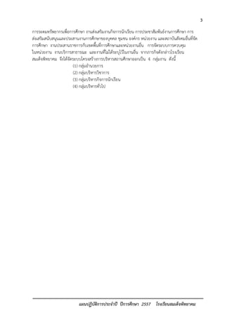 3 
แผนปฏิบัติการประจาปี ปีการศึกษา 2557 โรงเรียนสมเด็จพิทยาคม 
การระดมทรัพยากรเพื่อการศึกษา งานส่งเสริมงานกิจการนักเรียน การประชาสัมพันธ์งานการศึกษา การ ส่งเสริมสนับสนุนและประสานงานการศึกษาของบุคคล ชุมชน องค์กร หน่วยงาน และสถาบันสังคมอื่นที่จัด การศึกษา งานประสานราชการกับเขตพื้นที่การศึกษาและหน่วยงานอื่น การจัดระบบการควบคุม ในหน่วยงาน งานบริการสาธารณะ และงานที่ไม่ได้ระบุไว้ในงานอื่น จากภารกิจดังกล่าวโรงเรียน สมเด็จพิทยาคม จึงได้จัดระบบโครงสร้างการบริหารสถานศึกษาออกเป็น 4 กลุ่มงาน ดังนี้ 
(1) กลุ่มอานวยการ 
(2) กลุ่มบริหารวิชาการ 
(3) กลุ่มบริหารกิจการนักเรียน 
(4) กลุ่มบริหารทั่วไป  