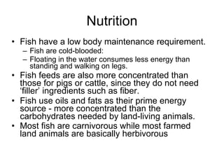 Nutrition Fish have a low body maintenance requirement.  Fish are cold-blooded:  Floating in the water consumes less energy than standing and walking on legs. Fish feeds are also more concentrated than those for pigs or cattle, since they do not need ‘filler’ ingredients such as fiber.  Fish use oils and fats as their prime energy source - more concentrated than the carbohydrates needed by land-living animals. Most fish are carnivorous while most farmed land animals are basically herbivorous   