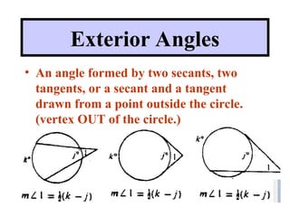 • An angle formed by two secants, two
tangents, or a secant and a tangent
drawn from a point outside the circle.
(vertex OUT of the circle.)
Exterior Angles
 