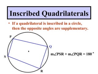 R
S
P
Q
Inscribed Quadrilaterals
• If a quadrilateral is inscribed in a circle,
then the opposite angles are supplementary.
mPSR + mPQR = 180 
 