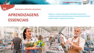 Nutrientes e distúrbios alimentares
Explicar o modo como alguns distúrbios alimentares –
anorexia nervosa, bulimia nervosa e compulsão alimentar –
podem afetar o organismo humano.
APRENDIZAGENS
ESSENCIAIS
 