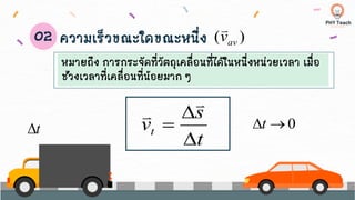 หมายถึง การกระจัดที่วัตถุเคลื่อนที่ได้ในหนึ่งหน่วยเวลา เมื่อ
ช่วงเวลาที่เคลื่อนที่น้อยมาก ๆ
ความเร็วขณะใดขณะหนึ่ง
t

)
( av
v

t
s
vt


=

 0
→
t
 