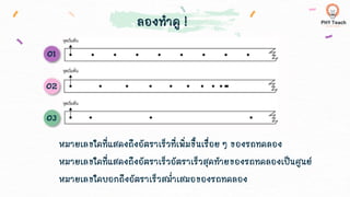 ลองทาดู !
หมายเลขใดที่แสดงถึงอัตราเร็วที่เพิ่มขึ้นเรื่อย ๆ ของรถทดลอง
หมายเลขใดที่แสดงถึงอัตราเร็วอัตราเร็วสุดท้ายของรถทดลองเป็นศูนย์
หมายเลขใดบอกถึงอัตราเร็วสม่าเสมอของรถทดลอง
 