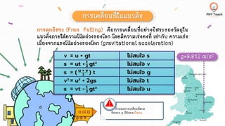 การเคลื่อนที่ในแนวดิ่ง
g=9.812 m/s2
การตกอิสระ (Free Falling) คือการเคลื่อนที่อย่างอิสระของวัตถุใน
แนวดิ่งภายใต้ความโน้มถ่วงของโลก โดยมีความเร่งคงที่ เท่ากับ ความเร่ง
เนื่องจากแรงโน้มถ่วงของโลก (gravitational acceleration)
กาหนดการเคลื่อนที่ตาม
ทิศของ g มีทิศลงเป็นลบ
 