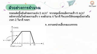 ตัวอย่างการคานวณ
รถยนต์หนึ่งคันด้วยความเร่ง 2 m/s2 จากหยุดนิ่งจนมีความเร็ว 8 m/s2
หลังจากนั้นวิ่งด้วยความเร็ว v คงตัวนาน 4 วินาที จึงเบรกให้รถหยุดนิ่งภายใน
เวลา 2 วินาที จงหา
ข. ความหน่วงเมื่อขณะเบรกรถ
 