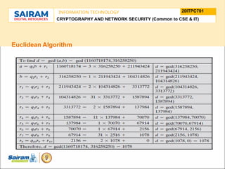 TYPE THE SUBJECT NAME HERE
SUBJECT CODE
20ITPC701
INFORMATION TECHNOLOGY
LE O M
.
N U
L T
.
F
H
J
U
M
F
s
o
n
u
o
n
i
d
t
e
u
t
r
i
C
t
s
h
n
a
I
i r m m
a
a n i r
- S a
CRYPTOGRAPHY AND NETWORK SECURITY (Common to CSE & IT)
Euclidean Algorithm
 