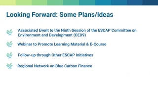 Looking Forward: Some Plans/Ideas
Associated Event to the Ninth Session of the ESCAP Committee on
Environment and Development (CED9)
Webinar to Promote Learning Material & E-Course
Regional Network on Blue Carbon Finance
Follow-up through Other ESCAP Initiatives
 