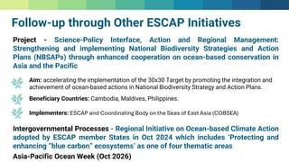 Project - Science-Policy Interface, Action and Regional Management:
Strengthening and implementing National Biodiversity Strategies and Action
Plans (NBSAPs) through enhanced cooperation on ocean-based conservation in
Asia and the Pacific
Aim: accelerating the implementation of the 30x30 Target by promoting the integration and
achievement of ocean-based actions in National Biodiversity Strategy and Action Plans.
Implementers: ESCAP and Coordinating Body on the Seas of East Asia (COBSEA)
Beneficiary Countries: Cambodia, Maldives, Philippines.
Follow-up through Other ESCAP Initiatives
Intergovernmental Processes - Regional Initiative on Ocean-based Climate Action
adopted by ESCAP member States in Oct 2024 which includes ‘Protecting and
enhancing “blue carbon” ecosystems’ as one of four thematic areas
Asia-Pacific Ocean Week (Oct 2026)
 