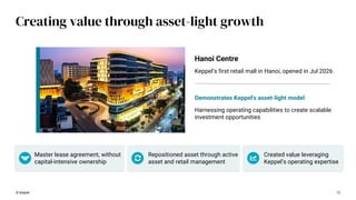 Creating value through asset-light growth
© Keppel 12
Hanoi Centre
Keppel’s first retail mall in Hanoi, opened in Jul 2026
Harnessing operating capabilities to create scalable
investment opportunities
Demonstrates Keppel's asset-light model
Master lease agreement, without
capital-intensive ownership
Repositioned asset through active
asset and retail management
Created value leveraging
Keppel’s operating expertise
 