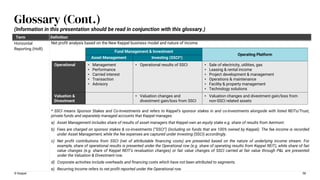 © Keppel 58
Glossary (Cont.)
Term Definition
Horizontal
Reporting (HoR)
Net profit analysis based on the New Keppel business model and nature of income.
* SSCI means Sponsor Stakes and Co-Investments and refers to Keppel’s sponsor stakes in and co-investments alongside with listed REITs/Trust,
private funds and separately managed accounts that Keppel manages.
a) Asset Management includes share of results of asset managers that Keppel own an equity stake e.g. share of results from Aermont.
b) Fees are charged on sponsor stakes & co-investments (“SSCI”) (including on funds that are 100% owned by Keppel). The fee income is recorded
under Asset Management, while the fee expenses are captured under Investing (SSCI) accordingly.
c) Net profit contributions from SSCI (net of attributable financing costs) are presented based on the nature of underlying income stream. For
example, share of operational results is presented under the Operational row (e.g. share of operating results from Keppel REIT), while share of fair
value changes (e.g. share of Keppel REIT’s revaluation changes) or fair value changes of SSCI carried at fair value through P&L are presented
under the Valuation & Divestment row.
d) Corporate activities include overheads and financing costs which have not been attributed to segments.
e) Recurring Income refers to net profit reported under the Operational row.
(Information in this presentation should be read in conjunction with this glossary.)
Fund Management & Investment
Operating Platform
Asset Management Investing (SSCI*)
Operational • Management
• Performance
• Carried interest
• Transaction
• Advisory
• Operational results of SSCI • Sale of electricity, utilities, gas
• Leasing & rental income
• Project development & management
• Operations & maintenance
• Facility & property management
• Technology solutions
Valuation &
Divestment
• Valuation changes and
divestment gain/loss from SSCI
• Valuation changes and divestment gain/loss from
non-SSCI related assets
 