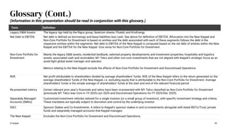 © Keppel 59
Glossary (Cont.)
Term Definition
Legacy O&M Assets The legacy rigs held by the Rigco group, Seatrium shares, Floatel, and KrisEnergy.
Net Debt to EBITDA Net debt is defined as borrowings and lease liabilities less cash. See above for definition of EBITDA. Bifurcation into the New Keppel and
Non-Core Portfolio for Divestment is based on entities and the debt associated with each of these segments follows the debt in the
respective entities within the segments. Net debt to EBITDA of the New Keppel is computed based on the net debt of entities within the New
Keppel and the EBITDA for the New Keppel. Vice versa for Non-Core Portfolio for Divestment.
Non-Core Portfolio for
Divestment
Mainly the legacy O&M assets, residential landbank, selected property developments and investment properties, hospitality and logistics
assets, associated cash and receivables, M1 Telco and other non-core investments that are not aligned with Keppel’s strategic focus as an
asset-light global asset manager and operator.
Metrics relating to the New Keppel exclude the effects of Non-Core Portfolio for Divestment and Discontinued Operations.
ROE Net profit attributable to shareholders divided by average shareholders’ funds. ROE of the New Keppel refers to the return generated on the
average shareholders’ funds of the New Keppel, i.e. excluding equity that is attributable to the Non-Core Portfolio for Divestment. Average
shareholders’ funds is the simple average of shareholders’ funds at the start and end of the relevant financial period.
Re-presented metrics Certain relevant prior year’s financials and ratios have been re-presented with M1 Telco classified as Non-Core Portfolio for Divestment
(previously M1 Telco was Core in 1H 2025/Jun 2025 and Discontinued Operations for FY 2025/Dec 2025).
Separately Managed
Accounts (SMAs)
Customized investment vehicles tailored for a single investor (or a small group of investors), with specific investment strategy and criteria.
These mandates are typically subject to discretion and control by the underlying investor.
SSCI Sponsor Stakes and Co-Investments. It refers to Keppel’s sponsor stakes in and co-investments alongside with listed REITs/Trust, private
funds and separately managed accounts that Keppel manages.
The New Keppel Excludes the Non-Core Portfolio for Divestment and Discontinued Operations.
(Information in this presentation should be read in conjunction with this glossary.)
 