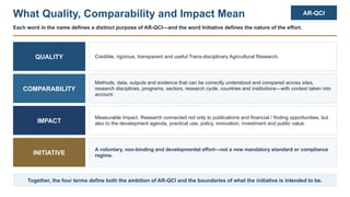 What Quality, Comparability and Impact Mean AR-QCI
Each word in the name defines a distinct purpose of AR-QCI—and the word Initiative defines the nature of the effort.
QUALITY Credible, rigorous, transparent and useful Trans-disciplinary Agricultural Research.
COMPARABILITY
Methods, data, outputs and evidence that can be correctly understood and compared across sites,
research disciplines, programs, sectors, research cycle, countries and institutions—with context taken into
account.
IMPACT
Measurable Impact. Research connected not only to publications and financial / finding opportunities, but
also to the development agenda, practical use, policy, innovation, investment and public value.
INITIATIVE
A voluntary, non-binding and developmental effort—not a new mandatory standard or compliance
regime.
Together, the four terms define both the ambition of AR-QCI and the boundaries of what the initiative is intended to be.
 