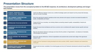 Presentation Structure
The presentation moves from the conceptual problem to the AR-QCI response, its architecture, development pathway and longer-
term horizon.
1
SCIENCE, RESEARCH AND
AGRICULTURAL RESEARCH
Clarify the difference between science as a verified knowledge system and research as the process that develops,
tests and revises knowledge.
2
THE CURRENT CONDITION AND
MISSING FOUNDATION
Show how agricultural research operates across many domains and outputs, but lacks one shared foundation for
quality, comparability and impact.
3 INTRODUCING THE AR-QCI INITIATIVE
Present AR-QCI as a voluntary, non-binding initiative connecting research quality, comparability of results and
practical impact.
4 FRAMEWORK ARCHITECTURE AND
COVERAGE
Explain the seven-level architecture and how a common core is combined with research-domain-specific technical
modules.
5 INTERNATIONAL REFERENCES AND
FRAGMENTATION
Map the international reference landscape and show that the problem is fragmentation—not absence of standards,
methodologies and guidance.
6
AR-QCI ACROSS THE RESEARCH
CYCLE
Show how relevant references, minimum expectations and practical tools connect each stage of the agricultural
research cycle.
7
DEVELOPMENT PROCESS AND
EXPECTED GAINS
Explain how the Framework is being developed and what countries, NARS, research institutions and researchers
would gain.
8 CURRENT STATUS, GAP MAP AND
DEVELOPMENT HORIZON
Present what has been completed, the remaining gaps and why full Framework development extends through 2028 or
2029.
 