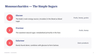 Monosaccharides — The Simple Sugars
G
Glucose
The body's main energy source; circulates in the blood as blood
sugar.
Fruits, honey, grains
F
Fructose
The sweetest natural sugar; metabolized primarily in the liver.
Fruits, honey
G
Galactose
Rarely found alone; combines with glucose to form lactose.
Dairy products
Carbohydrates — An Introduction 4
 
