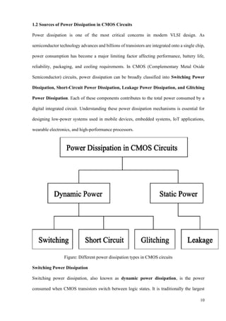 10
1.2 Sources of Power Dissipation in CMOS Circuits
Power dissipation is one of the most critical concerns in modern VLSI design. As
semiconductor technology advances and billions of transistors are integrated onto a single chip,
power consumption has become a major limiting factor affecting performance, battery life,
reliability, packaging, and cooling requirements. In CMOS (Complementary Metal Oxide
Semiconductor) circuits, power dissipation can be broadly classified into Switching Power
Dissipation, Short-Circuit Power Dissipation, Leakage Power Dissipation, and Glitching
Power Dissipation. Each of these components contributes to the total power consumed by a
digital integrated circuit. Understanding these power dissipation mechanisms is essential for
designing low-power systems used in mobile devices, embedded systems, IoT applications,
wearable electronics, and high-performance processors.
Figure: Different power dissipation types in CMOS circuits
Switching Power Dissipation
Switching power dissipation, also known as dynamic power dissipation, is the power
consumed when CMOS transistors switch between logic states. It is traditionally the largest
 