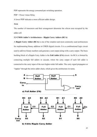 45
PDP represents the energy consumed per switching operation.
PDP = Power times Delay
A lower PDP indicates a more efficient adder design.
Area
The number of transistors and their arrangement determine the silicon area occupied by the
adder cell.
3.3 CMOS Adder’s Architectures – Ripple Carry Adders (RCA)
A Ripple Carry Adder (RCA) is one of the simplest and most commonly used architectures
for implementing binary addition in CMOS digital circuits. It is a combinational logic circuit
used to add two binary numbers and generate a sum output along with a carry output. The basic
building block of a Ripple Carry Adder is the Full Adder (FA) circuit. An RCA is formed by
connecting multiple full adders in cascade, where the carry output of each full adder is
connected to the carry input of the next higher-order full adder. The carry signal propagates or
"ripples" through the entire adder chain, which gives the architecture its name.
 
