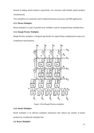 61
Instead of adding partial products sequentially, tree structures add multiple partial products
simultaneously.
Tree multipliers are commonly used in high-performance processors and DSP applications.
4.3.3. Braun Multiplier
Braun multiplier is a type of parallel array multiplier used for unsigned binary multiplication.
4.3.4. Baugh-Wooley Multiplier
Baugh-Wooley multiplier is designed specifically for signed binary multiplication using two's
complement representation.
Figure: 4 bits Baugh Wooley multiplier.
4.3.5. Booth Multiplier
Booth multiplier is an efficient multiplier architecture that reduces the number of partial
products by encoding the multiplier bits.
4.4. Braun Multiplier
 