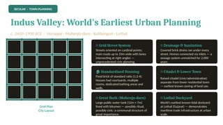 SECULAR · TOWN PLANNING
Indus Valley: World's Earliest Urban Planning
c. 2600–1900 BCE · Harappa · Mohenjo-daro · Kalibangan · Lothal
Grid-Plan
City Layout
🔲 Grid Street System
Streets oriented on cardinal points;
main roads up to 10m wide with lanes
intersecting at right angles —
unprecedented civic planning.
🚿 Drainage & Sanitation
Covered brick drains ran under every
street. Homes connected via inlets — a
sewage system unmatched for 2,000
years.
️
🏚️Standardized Housing
Fired brick of standard ratio (1:2:4).
Houses had courtyards, multiple
rooms, dedicated bathing areas and
wells.
🌾 Citadel & Lower Town
Raised citadel (civic/administrative)
separate from lower residential town
— earliest known zoning of land use.
🛁 Great Bath (Mohenjo-daro)
Large public water tank (12m × 7m)
lined with bitumen — possibly ritual,
possibly civic: a communal structure of
great importance.
🌊 Lothal Dockyard
World's earliest known tidal dockyard
at Lothal (Gujarat) — demonstrates
maritime trade infrastructure at urban
scale.
 