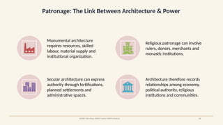 Patronage: The Link Between Architecture & Power
SOURCE: JNU, Ahuja; UNESCO Sanchi; UNESCO Dholavira 21
Monumental architecture
requires resources, skilled
labour, material supply and
institutional organization.
Religious patronage can involve
rulers, donors, merchants and
monastic institutions.
Secular architecture can express
authority through fortifications,
planned settlements and
administrative spaces.
Architecture therefore records
relationships among economy,
political authority, religious
institutions and communities.
 