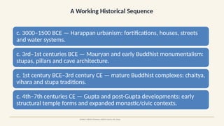 A Working Historical Sequence
SOURCE: UNESCO Dholavira; UNESCO Sanchi; JNU, Ahuja
c. 3000–1500 BCE — Harappan urbanism: fortifications, houses, streets
and water systems.
c. 3rd–1st centuries BCE — Mauryan and early Buddhist monumentalism:
stupas, pillars and cave architecture.
c. 1st century BCE–3rd century CE — mature Buddhist complexes: chaitya,
vihara and stupa traditions.
c. 4th–7th centuries CE — Gupta and post-Gupta developments: early
structural temple forms and expanded monastic/civic contexts.
 