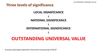 Three levels of significance
LOCAL SIGNIFICANCE
↓
NATIONAL SIGNIFICANCE
↓
INTERNATIONAL SIGNIFICANCE
↓
Is every nationally important monument necessarily of OUV?
OUTSTANDING UNIVERSAL VALUE
OUTSTANDING UNIVERSAL VALUE
 