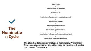 The
Nominatio
n Cycle
State Party
↓
Identification of property
↓
Tentative List
↓
Preliminary Assessment / preparatory work
↓
Nomination dossier
↓
Advisory Body evaluation
↓
World Heritage Committee
↓
Inscription / referral / deferral / not inscribed
↓
Monitoring & Periodic Reporting
The 2025 Guidelines now include a mandatory Preliminary
Assessment process for sites that may be nominated, under
the current framework.
 