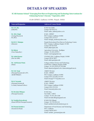 DETAILS OF SPEAKERS
ICAR-SummerSchool “ Emerging Post-Harvest Engineering andTechnology Interventions for
Enhancing Farmer’s Income “ September, 2018
ICAR-CIPHET, Ludhiana-141004, Punjab, INDIA
Name and Designation Address & Contact Details
Dr. S.N. Jha ICAR, New Delhi
(ADG,PE) Contact:94176-01715
Email: snjha_ciphet@yahoo.co.in
Dr. R.K. Singh ICAR–CIPHET
(Acting Director & PAU Campus, Ludhiana 141004
PC,PET) Contact:0161-2313117
Email: rksingh_arsahoo@yahoo.com
Dr.B.V.C.Mahajan Punjab Horticultural Post-Harvest Technology Center,
(Director) PAU- Campus, Ludhiana, Punjab, 141 001
Contact:94178-55105
Email: phptc@pau.edu
Dr. Balraj Agriculture University, Jhodhpur
(Vice Chancellor ) Contact:+91-291-2570711
Email: vcunivag@gmail.com
Dr.Ashok Kumar COAE&T, PAU, Ludhiana, Punjab, 141004
(Prof. &ADR) Contact:98728-76077
Email: akdevgan@pau.edu
Dr. Anil Kumar Punia College of Dairy Science and Technology,
(Dean) GADVASU, Ludhiana, Punjab,141004
Contact:+91-161-25533133,2553308
Email: akpuniya@gmail.com, deancodst@gadvasu.in
Dr. S.K. Tyagi AS&EC Division
(Principal Scientist & I/c PC, ICAR–CIPHET
AICRP-PHE&T) PAU Campus, Ludhiana 141004
Contact:0161-2313106,2313107
Email: dr.tyagi77777@yahoo.co.in
Dr. K. Narsaiah AS&EC Division,
(Principal Scientist & ICAR–CIPHET
I/c Head, National Fellow) PAU Campus, Ludhiana 141004
Contact:0161-2313124
Email: knarsan@yahoo.com
Dr. Devinder Dhingra ICAR, Pusa,
(Principal Scientist) NewDelhi-110012
Contact:+91-931-201-2100
Email: devinder.dhingra@gmail.com
Dr.NachiketKotwaliwale ICAR-CIAE, Bhopal
(HeadAPPD & Principal Scientist) Contact:+91-755-2521110
Email: nachiket.kotwaliwale@icar.gov.in
Dr.PoonamSachdeva Department of Food Science and Technology
(Scientist & Head) PAU, Ludhiana
Contact:98550-55871
Email: sachdev_poonam@pau.edu
 