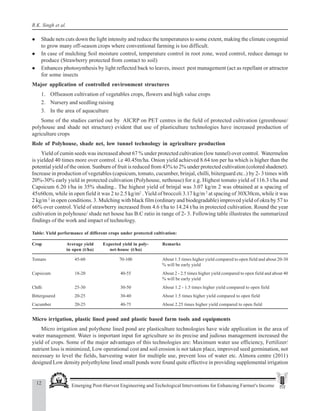 12 Emerging Post-Harvest Engineering and Techological Interventions for Enhancing Farmer's Income
R.K. Singh et al.
z Shade nets cuts down the light intensity and reduce the temperatures to some extent, making the climate congenial
to grow many off-season crops where conventional farming is too difficult.
z In case of mulching Soil moisture control, temperature control in root zone, weed control, reduce damage to
produce (Strawberry protected from contact to soil)
z Enhances photosynthesis by light reflected back to leaves, insect pest management (act as repellant or attractor
for some insects
Major application of controlled environment structures
1. Offseason cultivation of vegetables crops, flowers and high value crops
2. Nursery and seedling raising
3. In the area of aquaculture
Some of the studies carried out by AICRP on PET centres in the field of protected cultivation (greenhouse/
polyhouse and shade net structure) evident that use of plasticulture technologies have increased production of
agriculture crops
Role of Polyhouse, shade net, low tunnel technology in agriculture production
Yield of cumin seeds was increased about 67 % under protected cultivation (low tunnel) over control. Watermelon
is yielded 40 times more over control. i.e 40.45tn/ha. Onion yield achieved 8.64 ton per ha which is higher than the
potential yield of the onion. Sunburn of fruit is reduced from 43% to 2% under protected cultivation (colored shadenet).
Increase in production of vegetables (capsicum, tomato, cucumber, brinjal, chilli, biiterguard etc..) by 2- 3 times with
20%-30% early yield in protected cultivation (Polyhouse, nethouse) for e.g. Highest tomato yield of 116.3 t/ha and
Capsicum 6.20 t/ha in 35% shading.. The highest yield of brinjal was 3.07 kg/m 2 was obtained at a spacing of
45x60cm, while in open field it was 2 to 2.5 kg/m2
. Yield of broccoli 3.17 kg/m 2
at spacing of 30X30cm, while it was
2 kg/m 2
in open conditions. 3. Mulching with black film (ordinary and biodegradable) improved yield of okra by 57 to
66% over control. Yield of strawberry increased from 4.6 t/ha to 14.24 t/ha in protected cultivation. Round the year
cultivation in polyhouse/ shade net house has B.C ratio in range of 2- 3. Following table illustrates the summarized
findings of the work and impact of technology.
Table: Yield performance of different crops under protected cultivation:
Crop Average yield Expected yield in poly- Remarks
in open (t/ha) net-house (t/ha)
Tomato 45-60 70-100 About 1.5 times higher yield compared to open field and about 20-30
% will be early yield
Capsicum 18-20 40-55 About 2 - 2.5 times higher yield compared to open field and about 40
% will be early yield
Chilli 25-30 30-50 About 1.2 - 1.5 times higher yield compared to open field
Bittergoured 20-25 30-40 About 1.5 times higher yield compared to open field
Cucumber 20-25 40-75 About 2.25 times higher yield compared to open field
Micro irrigation, plastic lined pond and plastic based farm tools and equipments
Micro irrigation and polythene lined pond are plasticulture technologies have wide application in the area of
water management. Water is important input for agriculture so its precise and judious management increased the
yield of crops. Some of the major advantages of this technologies are: Maximum water use efficiency, Fertilizer/
nutrient loss is minimized, Low operational cost and soil erosion is not taken place, improved seed germination, not
necessary to level the fields, harvesting water for multiple use, prevent loss of water etc. Almora centre (2011)
designed Low density polyethylene lined small ponds were found quite effective in providing supplemental irrigation
 