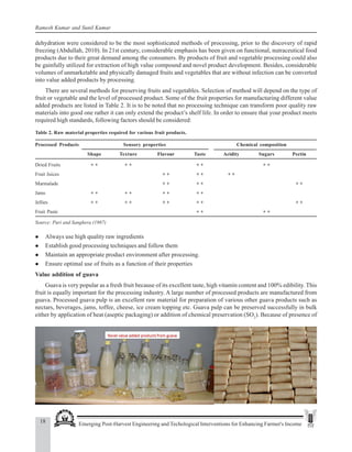 18 Emerging Post-Harvest Engineering and Techological Interventions for Enhancing Farmer's Income
Ramesh Kumar and Sunil Kumar
dehydration were considered to be the most sophisticated methods of processing, prior to the discovery of rapid
freezing (Abdullah, 2010). In 21st century, considerable emphasis has been given on functional, nutraceutical food
products due to their great demand among the consumers. By products of fruit and vegetable processing could also
be gainfully utilized for extraction of high value compound and novel product development. Besides, considerable
volumes of unmarketable and physically damaged fruits and vegetables that are without infection can be converted
into value added products by processing.
There are several methods for preserving fruits and vegetables. Selection of method will depend on the type of
fruit or vegetable and the level of processed product. Some of the fruit properties for manufacturing different value
added products are listed in Table 2. It is to be noted that no processing technique can transform poor quality raw
materials into good one rather it can only extend the product’s shelf life. In order to ensure that your product meets
required high standards, following factors should be considered:
Table 2. Raw material properties required for various fruit products.
Processed Products Sensory properties Chemical composition
Shape Texture Flavour Taste Acidity Sugars Pectin
Dried Fruits + + + + + + + +
Fruit Juices + + + + + +
Marmalade + + + + + +
Jams + + + + + + + +
Jellies + + + + + + + + + +
Fruit Paste + + + +
Source: Puri and Sanghera (1987)
z Always use high quality raw ingredients
z Establish good processing techniques and follow them
z Maintain an appropriate product environment after processing.
z Ensure optimal use of fruits as a function of their properties
Value addition of guava
Guava is very popular as a fresh fruit because of its excellent taste, high vitamin content and 100% edibility. This
fruit is equally important for the processing industry. A large number of processed products are manufactured from
guava. Processed guava pulp is an excellent raw material for preparation of various other guava products such as
nectars, beverages, jams, toffee, cheese, ice cream topping etc. Guava pulp can be preserved successfully in bulk
either by application of heat (aseptic packaging) or addition of chemical preservation (SO2
). Because of presence of
 
