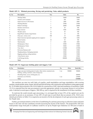 43
Emerging Post-Harvest Engineering and Techological Interventions for Enhancing Farmer's Income
Strategies for Doubling Farmers Income Through Agro-Processing
Model APC-V: Minimal processing, Drying and powdering, Value added products.
Sr. No Description Nos Rate Rs.
1 Working Tables 3 10000 30000
2 Stainless steel container 5 500 2500
3 Improved stoves/ LPG burner 3 2000 6000
4 Washing Machine 1 35000 35000
5 Basket Centrifuge 1 20000 20000
6 Stainless steel knives 10 50 500
7 Pulp extractor 1 9500 9500
8 Wooden spoon 10 50 500
9 Rigid Plastic funnels, large bottom 10 10 100
10 Glass jars, various sizes 500 10 5000
11 Hand /electrical operated capping device (cappers) 1 5200 5200
12 Bottle brushes 10 50 500
13 Work benches 3 1000 3000
14 Multipurpose Slicer 1 55000 55000
15 Multipurpose Peeler 1 55000 55000
16 Tray dryer 1 125000 125000
17 Pulverizer/Hammer mill 1 35000 35000
18 Weighing balance, Packaging materials 1 25000 25000
19 Bagging, packing, sealing machines 1 35000 35000
20 10 hp Electric motor 1 25000 25000
21 Cold Storage facility 1 800000 800000
Total 1272800
Model APC-VI: Sugarcane bottling plant and Jaggery Unit
Sr No. Particulars No Price Total (Rs.)
1 Sugar cane juice bottling plant (Crusher, filter, boiler, treatment unit, 1 set 500000 500000
bottling, corking, sterilizer, crates storage etc)
2 Moulding frame, sieves, boiling pans, etc. 800000
3 Generator set (10 KVA) 1 set 250000
Total 1550000
The machines are mini rice mill, baby oil expeller, small attachakkies and large attachakkies with scouring
machine,masalagrinder,penja,cleaner,dalmillandfeedmillalongwithconstructionandinstallationcostingapproximate
Rs. 25-30 lakhs and an amount of Rs 6.0-8.0 lakhs for construction ofAPC shed and installation of machinery (Table
12). It is expected from the state government to provide appropriate subsidy to encourage farmers to set up these
units. A desired covered space of approx. 200-300 sq. yard is required for the installation of all these machines.
To motivate the youth towards agro processing, it is envisaged that at least 25% of the capital cost can be
provided by govern as an assistance. If one APC of each type in each block then an amount of Rs. 50.62 crore
(details given below in Table 13) is required as an incentive for the development of such agro-processing centers in
the Punjab state.
Further, government initiative in the form of establishing five primary processing or collection centres and pack
houses in the state will also contributes towards increasing the income of the farmers. The proposed Rs 140 crore
multi-product mega food park in Ludhiana would be set up by Punjab Agro Industries on 100 acres of land at
 