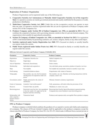 48 Emerging Post-Harvest Engineering and Techological Interventions for Enhancing Farmer's Income
Renu Balakrishnan et al.
Registration of Producer Organization
Producer Organization can be registered under any of the following acts:
1. Cooperative Societies Act/ Autonomous or Mutually Aided Cooperative Societies Act of the respective
State: Co-operative societies are mainly government promoted and usually established for the purpose of credit,
production or distribution.
2. Multi-State Cooperative Society Act, 2002: Under this act the co-operative society can operate in more
than one state. Co-operative societies registered under this act can be registered as Producer Company under
section 581J of the Companies Act.
3. Producer Company under Section 581 of Indian Companies Act, 1956, as amended in 2013: This act
combines the cooperative business with a governing structure similar to that of a private limited company. This
organization is best suitable for agricultural commodities.
4. Section 25 Company of Indian Companies Act, 1956, as amended as Section 8 in 2013: For registration
of PO’s with limited liability for promoting commerce, art, science, religion, charity or any other useful object.
5. Societies registered under Society Registration Act, 1860: PO’s focussed on charity or socially benefits
can register under this section.
6. Public Trusts registered under Indian Trusts Act, 1882: PO’s focussed on charity or socially benefits can
register under this section.
Difference between Co-operative and Producer Company (NABARD, 2015)
Parameter Cooperative Society Producer Company
Registration Cooperative Societies Act Indian Companies Act
Objectives Single object Multi-object
Area of Operation Restricted, discretionary Entire country
Membership Individuals and cooperatives Any individual, group, association, producer of goods or services
Share Non tradable Not tradable but transferable; limited to members at par value
Profit sharing Limited dividends on shares Proportionate with volume of business
Voting rights One member, one vote, but Government One member, one vote. Members not having transactions with the
and Registrar of Cooperatives hold veto company cannot vote
power
Government control Highly patronized to the extent of Minimal, limited to statutory requirements
interference
Extent of Autonomy Limited in “real world scenario” Fully autonomous, self-ruled within the provisions of Act
Reserves Created if there are profits Mandatory to create every year
Borrowing power Restricted as per bye-law. Any amendment Borrowing limit fixed by Special Resolution in general meeting.
to bye-law needs to be approved by the Companies have more freedom to raise borrowing power
Registrar and time consuming
Relationship with Transaction based Producers and corporate entity can together float a producer company
other corporate /
business houses /
NGOs
FPO as Producer Company
Producer company is a hybrid which combines the goodness of a co-operative society and vitality and competency
of a company. The clauses of Private Limited Company shall be applicable to the producer companies except the
clauses specified in Producer CompanyAct from 581-Ato 581-ZT, which make it different from a normal private or
 
