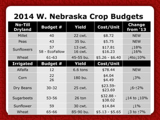 2014 W. Nebraska Crop Budgets
No-Till
Dryland
Budget # Yield Cost/Unit
Change
from „13
Millet 40 22 cwt. $8.72 NEW
Peas 43 35 bu. $5.75 NEW
Sunflowers
57
58 - EcoFallow
13 cwt.
16 cwt.
$17.81
$16.23
↓18%
↓16%
Wheat 61-63 45-55 bu. $5.26 - $6.40 ↓4to↓10%
Irrigated Budget # Yield Cost/Unit
Alfalfa 12 6.6 tons $78.44 NEW
Corn
22
26
180 bu.
$4.04
$4.49
↓3%
Dry Beans 30-32 25 cwt.
$23.59-
$23.69
↓6-↑2%
Sugarbeets 53-56 26 ton
$32.88 -
$38.02
↓14 to ↓10%
Sunflower 59 30 cwt. $14.84 ↓1%
Wheat 65-66 85-90 bu. $5.13 - $5.65 ↓3 to ↑7%
 