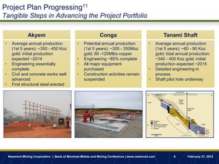 Project Plan Progressing11
Tangible Steps in Advancing the Project Portfolio

                Akyem                                        Conga                                     Tanami Shaft
     Average annual production                   Potential annual production                    Average annual production
      (1st 5 years): ~350 - 450 Koz                (1st 5 years): ~300 - 350Moz                    (1st 5 years): ~60 - 90 Koz
      gold; initial production                     gold; 80 -120Mlbs copper                        gold; total annual production:
      expected ~2014                              Engineering ~85% complete                       ~340 - 400 Koz gold; initial
     Engineering essentially                     All major equipment                             production expected ~2015
      complete                                     purchased                                      Detailed engineering in
     Civil and concrete works well               Construction activities remain                  process
      advanced                                     suspended                                      Shaft pilot hole underway
     First structural steel erected




    Newmont Mining Corporation | Bank of Montreal Metals and Mining Conference | www.newmont.com             9      February 27, 2012
 