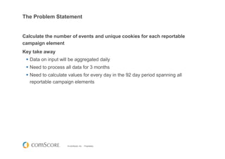 © comScore, Inc. Proprietary.
The Problem Statement
Calculate the number of events and unique cookies for each reportable
campaign element
Key take away
Data on input will be aggregated daily
Need to process all data for 3 months
Need to calculate values for every day in the 92 day period spanning all
reportable campaign elements
 