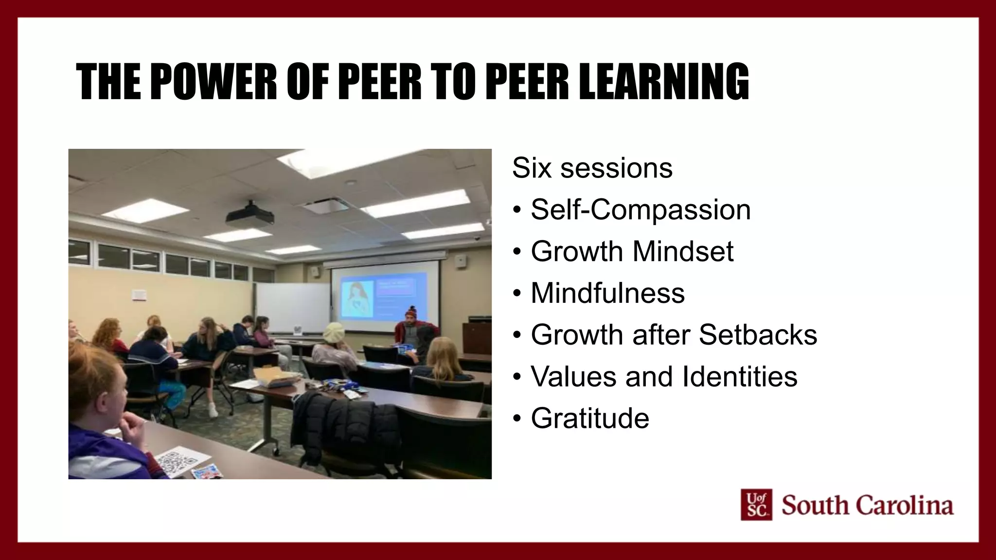 THE POWER OF PEER TO PEER LEARNING
Six sessions
• Self-Compassion
• Growth Mindset
• Mindfulness
• Growth after Setbacks
• Values and Identities
• Gratitude
 