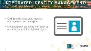 9
 CASBs offer integrated identity
management across apps
 Limit potential breaches with step-up
multi-factor auth for high risk logins
INTEGRATED IDENTITY MANAGEMENT:
Centralized identity is key to securing data
 