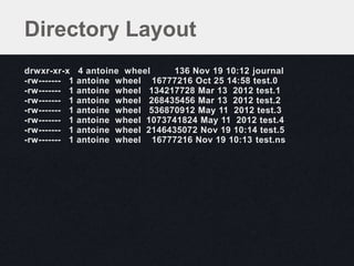Directory Layout
drwxr-xr-x     4 antoine wheel     136 Nov 19 10:12 journal
-rw------- 1   antoine wheel 16777216 Oct 25 14:58 test.0
-rw------- 1   antoine wheel 134217728 Mar 13 2012 test.1
-rw------- 1   antoine wheel 268435456 Mar 13 2012 test.2
-rw------- 1   antoine wheel 536870912 May 11 2012 test.3
-rw------- 1   antoine wheel 1073741824 May 11 2012 test.4
-rw------- 1   antoine wheel 2146435072 Nov 19 10:14 test.5
-rw------- 1   antoine wheel 16777216 Nov 19 10:13 test.ns
 