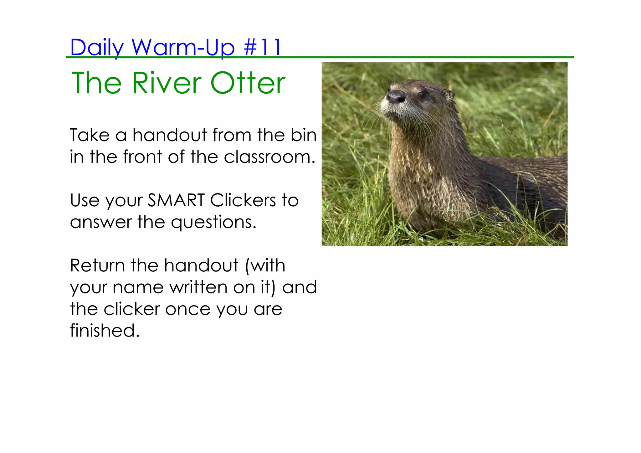 Daily Warm­Up #11
The2.13.12 Morning Reading ­ June Bugs
    River Otter
Take a handout from the bin
in the front of the classroom.

Use your SMART Clickers to
answer the questions.

Return the handout (with
your name written on it) and
the clicker once you are
finished.
 