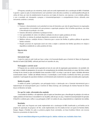 100
              O Programa, assinado por seis ministérios, desde 2006 vem sendo implementado sob a coordenação do MDA. A finalidade
      é garantir o apoio às ações de desenvolvimento rural sustentável como alternativa econômica na substituição/diversificação do
      cultivo do fumo, por meio do estabelecimento de parcerias com órgãos do Governo, com empresas e com entidades públicas
      e com a sociedade civil, abrangendo a pesquisa, o treinamento/capacitação e o acompanhamento técnico, utilizando como
      instrumento convênios e contratos.

             objetivos
             • Promover o desenvolvimento rural sustentável em áreas de fumicultura, por meio do apoio financeiro às organizações
               governamentais e da sociedade civil, para promover a capacitação, pesquisa e Ater às famílias agricultoras, com vistas
               à diversificação da produção e da renda.
             • Fomentar alternativas sustentáveis à produção do fumo.
             • Criar oportunidades de renda e de melhores condições de vida em regiões produtoras de fumo.
             • Diversificar os sistemas de produção dependentes unicamente da cultura do fumo.
             • Mobilizar esforços, condições técnicas e financeiras para o acesso das famílias às políticas públicas de agricultura
               familiar existentes.
             • Resgatar processos de organização social com vistas a ampliar a autonomia das famílias agricultoras em relação à
               dependência estabelecida na cadeia produtiva do fumo.

             data de início
             1º/1/2008

             instrumento legal
            A ação foi criada em 2008, tendo por base o artigo 17 da Convenção-Quadro para o Controle do Tabaco da Organização
      Mundial da Saúde (CQCT/OMS), ratificada pelo Brasil em novembro de 2005.

             Participação e controle social
              O Programa tem seu controle social organizado em torno de uma rede de organizações governamentais e da sociedade civil,
      que realiza o trabalho de planejamento, de execução e de acompanhamento das atividades desenvolvidas em campo. São feitas reuniões
      ao longo do ano, durante as quais são debatidos temas associados à CQCT e ao artigo 17, que trata do “apoio a atividades alternativas
      economicamente viáveis”. Também são definidas diretrizes e recomendações a serem levadas à Conferência das Partes, que acontece
      anualmente. A participação dos agricultores familiares se dá diretamente pelo envolvimento nos projetos executados pelas organizações.

             modelo de gestão
              O modelo de gestão é participativo, com participação técnica e interlocução com a Comissão Interministerial para a
      Implementação da Convenção-Quadro para o Controle do Tabaco (Conicq), sob coordenação do Instituto Nacional de Câncer
      (Inca), do Ministério da Saúde.

             Por que foi criado, reformulado e/ou ampliado
              A necessidade de identificar e de implementar ações de apoio aos fumicultores para a diversificação da produção e da renda em
      regiões produtoras de fumo levou à necessidade de criar tal política, além do que, em 2003, o Tratado da Convenção-Quadro foi aprovado.
      O Brasil foi o centésimo país a ratificar a sua participação na CQCT, em outubro de 2005, comprometendo-se a implementar tais medidas.

             resultados
              Desde 2006, esse Programa vem sendo implementado sob a coordenação do MDA, beneficiando 25 mil famílias em 60
      projetos de capacitação, de pesquisa e de Ater, sendo implementados nos três estados do Sul e em quatro do Nordeste (Bahia,
      Sergipe, Alagoas e Paraíba). Em 2006, os primeiros projetos foram contratados, via Caixa Econômica Federal, com recursos
      financeiros provenientes da Ação de Ater.

             Veja em www.balancodegoverno.presidencia.gov.br, tabelas relativas aos resultados deste item.
 