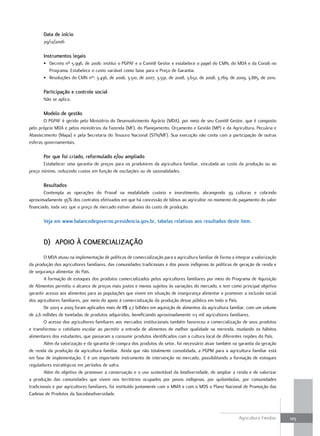 data de início
       29/12/2006

       instrumentos legais
       • Decreto nº 5.996, de 2006: institui o PGPAF e o Comitê Gestor e estabelece o papel do CMN, do MDA e da Conab no
         Programa. Estabelece o custo variável como base para o Preço de Garantia.
       • Resoluções do CMN nos: 3.436, de 2006, 3.510, de 2007, 3.591, de 2008, 3.632, de 2008, 3.769, de 2009, 3.885, de 2010.

       Participação e controle social
       Não se aplica.

       modelo de gestão
        O PGPAF é gerido pelo Ministério do Desenvolvimento Agrário (MDA), por meio de seu Comitê Gestor, que é composto
pelo próprio MDA e pelos ministérios da Fazenda (MF), do Planejamento, Orçamento e Gestão (MP) e da Agricultura, Pecuária e
Abastecimento (Mapa) e pela Secretaria do Tesouro Nacional (STN/MF). Sua execução não conta com a participação de outras
esferas governamentais.

       Por que foi criado, reformulado e/ou ampliado
       Estabelecer uma garantia de preços para os produtores da agricultura familiar, vinculada ao custo da produção ou ao
preço mínimo, reduzindo custos em função de oscilações ou de sazonalidades.

       resultados
        Contempla as operações do Pronaf na modalidade custeio e investimento, abrangendo 39 culturas e cobrindo
aproximadamente 95% dos contratos efetivados em que há concessão de bônus ao agricultor no momento do pagamento do valor
financiado, toda vez que o preço de mercado estiver abaixo do custo de produção.

       Veja em www.balancodegoverno.presidencia.gov.br, tabelas relativas aos resultados deste item.


       d) APoio à comErciAlizAção
        O MDA atuou na implementação de políticas de comercialização para a agricultura familiar de forma a integrar a valorização
da produção dos agricultores familiares, das comunidades tradicionais e dos povos indígenas às políticas de geração de renda e
de segurança alimentar do País.
        A formação de estoques dos produtos comercializados pelos agricultores familiares por meio do Programa de Aquisição
de Alimentos permitiu o alcance de preços mais justos e menos sujeitos às variações do mercado, e tem como principal objetivo
garantir acesso aos alimentos para as populações que vivem em situação de insegurança alimentar e promover a inclusão social
dos agricultores familiares, por meio do apoio à comercialização da produção desse público em todo o País.
        De 2003 a 2009 foram aplicados mais de R$ 2,7 bilhões em aquisição de alimentos da agricultura familiar, com um volume
de 2,6 milhões de toneladas de produtos adquiridos, beneficiando aproximadamente 113 mil agricultores familiares.
        O acesso dos agricultores familiares aos mercados institucionais também favoreceu a comercialização de seus produtos
e transformou o cotidiano escolar ao permitir a entrada de alimentos de melhor qualidade na merenda, mudando os hábitos
alimentares dos estudantes, que passaram a consumir produtos identificados com a cultura local de diferentes regiões do País.
        Além da valorização e da garantia de compra dos produtos do setor, foi necessário atuar também na garantia da geração
de renda da produção da agricultura familiar. Ainda que não totalmente consolidada, a PGPM para a agricultura familiar está
em fase de implementação. E é um importante instrumento de intervenção no mercado, possibilitando a formação de estoques
reguladores estratégicos em períodos de safra.
        Além do objetivo de promover a conservação e o uso sustentável da biodiversidade, de ampliar a renda e de valorizar
a produção das comunidades que vivem nos territórios ocupados por povos indígenas, por quilombolas, por comunidades
tradicionais e por agricultores familiares, foi instituído juntamente com o MMA e com o MDS o Plano Nacional de Promoção das
Cadeias de Produtos da Sociobiodiversidade.



                                                                                                              Agricultura Familiar   105
 