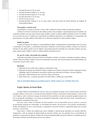 122
             •   Instrução Normativa nº 64, de 2008.
             •   Instrução Normativa Conjunta nº 17, de 2009.
             •   Instrução Normativa Conjunta nº 18, de 2009.
             •   Instrução Normativa nº 19, de 2009.
             •   Decreto nº 6.913, de 2009
             •   Instrução Normativa Conjunta nº 50, de 2009: institui o selo único oficial do sistema Brasileiro de Avaliação da
                 Conformidade Orgânica.

             Participação e controle social
              A participação e o controle social sobre o tema se dão no âmbito da Câmara Temática de Agricultura Orgânica.
              A Câmara é um fórum de interação do setor público privado e tem por objetivo a aproximação das partes envolvidas com
      a agricultura orgânica, para que, juntas, possam propor medidas e orientar as políticas públicas destinadas ao setor. Foi instalada
      em 15 de março de 2004 e é composta por representantes de entidades empresariais e de trabalhadores, de organizações não
      governamentais e de órgãos públicos relacionados com os diferentes segmentos da cadeia produtiva orgânica.

             modelo de gestão
              A gestão do Programa de orgânicos é responsabilidade do Mapa, via Departamento de Agroecologia, onde se encontra
      a coordenação. As discussões e o envolvimento intersetorial e federativo, se dá via Câmara Temática. A Câmara é um fórum de
      interação do setor público privado e tem por objetivo a aproximação das partes envolvidas com a agricultura orgânica, para que,
      juntas, possam propor medidas e orientar as políticas públicas destinadas ao setor.

             Por que foi criado, reformulado e/ou ampliado
              Criado pela necessidade do Governo brasileiro de disciplinar, estimular e normatizar a produção de produtos orgânicos,
      visando à oferta de produtos saudáveis isentos de contaminantes intencionais, além da preservação da diversidade biológica dos
      ecossistemas naturais, dentre outros.

             resultados
             • Elaboração de uma cartilha sobre orgânicos na alimentação escolar.
             • Elaboração da proposta de Chamada de Projetos 2009/2010 para Projetos de Geração de Renda e Agregação de Valor,
               modalidade: Apoio à Certificação de Agricultores Familiares para Mercados de Produtos e Serviços Orgânicos.
             • Aprovação e implementação do marco normativo relativo ao Programa.
             • Apoio, desde 2005, a 13 projetos aprovados, num total de R$ 2, 5 milhões para 3.365 famílias.

             Veja em www.balancodegoverno.presidencia.gov.br, tabelas relativas aos resultados deste item.


             Projeto talentos do Brasil moda

              O Projeto Talentos do Brasil Moda teve início em 2005 com o propósito de agregar valor às matérias-primas oriundas da
      agricultura familiar e de inseri-los no mercado da moda sustentável nacional e internacional, gerando emprego e renda no meio
      rural. Propõe-se, ainda, a estruturar os grupos de artesãos de forma sustentável, com base na produção agregada artesanal, com
      foco na prospecção mercadológica e no conceito da autogestão, fortalecendo as ações dos atores locais, contribuindo para o
      desenvolvimento sustentável do nosso País.
              Com essa visão e diante da dimensão territorial brasileira e de sua diversidade, busca-se construir o processo
      da participação integrada das comunidades, no intercâmbio dos talentos, dos processos e dos produtos, possibilitando o
      desafio mercadológico de reunir a diversificação e a qualidade do artesanato brasileiro, conquistando espaço nos mercados
      nacionais e internacionais.
              Dessa forma, o Projeto será ampliado para outras realidades e matérias-primas abundantes em extremos diferentes,
      enriquecendo a rede da produção da biodiversidade da agricultura familiar, que vem ganhando força na diversificação da
      produção e na valorização dos talentos. O Projeto atua de forma integrada do MDA com outros ministérios e instituições parceiras.
      As principais interfaces interinstitucionais ocorrem com o Sebrae.
 