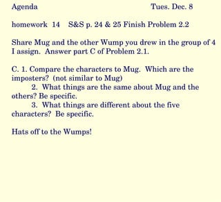 Agenda Tues. Dec. 8 homework  14  S&S p. 24 & 25 Finish Problem 2.2 Share Mug and the other Wump you drew in the group of 4 I assign.  Answer part C of Problem 2.1. C. 1. Compare the characters to Mug.  Which are the imposters?  (not similar to Mug) 2.  What things are the same about Mug and the others? Be specific. 3.  What things are different about the five characters?  Be specific. Hats off to the Wumps! 