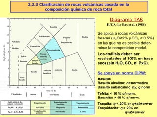 Diagrama TAS IUGS, Le Bas et al. (1986) Se aplica a rocas volcánicas frescas (H 2 O<2% y CO 2  < 0.5%) en las que no es posible deter-minar la composición modal. Los análisis deben ser recalculados al 100% en base seca (sin H 2 O, CO 2 , ni PxC). Se apoya en norma CIPW: Basalto: Basalto alcalino:  ne  normativa Basalto subalcalino:  hy ,  q  norm Tefrita: < 10 %  ol  norm. Basanita: > 10 %  ol  norm. Traquita:  q  < 20% en  q + ab + an + or Traquidacita:  q  > 20% en    q + ab + an + or 2.2.3 Clasificación de rocas volcánicas basada en la  composición química de roca total  