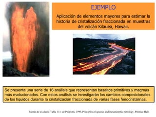 EJEMPLO Aplicación de elementos mayores para estimar la historia de cristalización fraccionada en muestras del volcán Kilauea, Hawaii. Se presenta una serie de 16 análisis que representan basaltos primitivos y magmas más evolucionados. Con estos análisis se investigarán los cambios composicionales de los líquidos durante la cristalización fraccionada de varias fases fenocristalinas. Fuente de los datos: Tabla 13-1 de Philpotts, 1990, Principles of igneous and metamorphic petrology, Prentice Hall. 